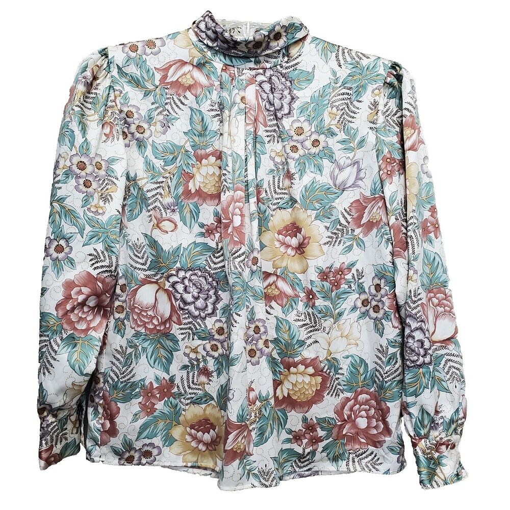 Diane Von Furstenberg Floral High Neck Back-Button Long Sleeve Shirt Size 8 VTG